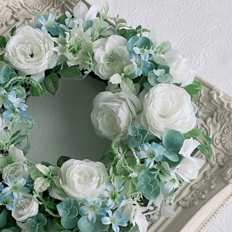 白バラのリーズ 白ブルー＆グリーン アーティフィシャルフラワー 造花  