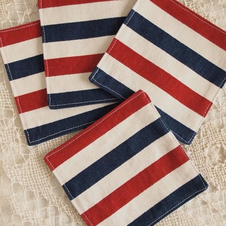 キッチン雑貨 ストライプ レッド＆ネイビー コースター ハンドメイド 4枚組