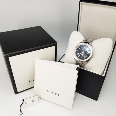【GUCCI】美品 グッチ メンズ腕時計 クォーツ デイト YA142301 142.3 付属品あり ブラック文字盤