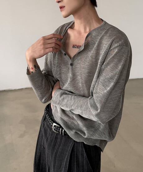 ヘンリーネック ルーズ メッシュ ニット セーター / 2color