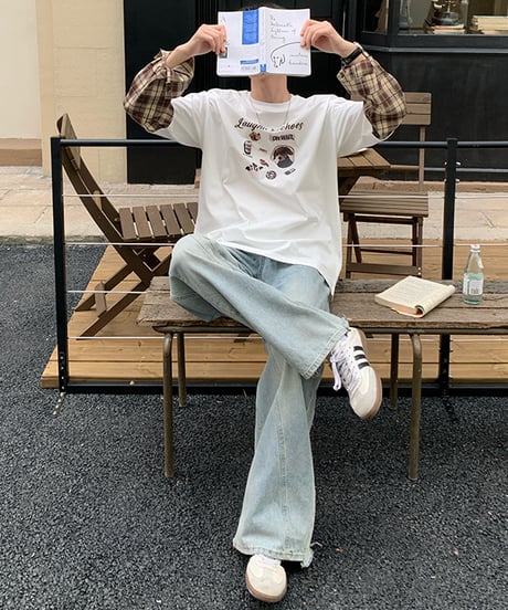レイヤード チェックスリーブTシャツ / 2color