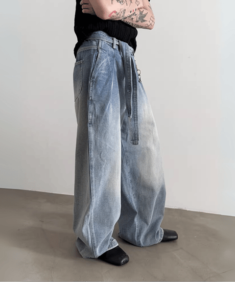 ウォッシュワイド タックデニムパンツ