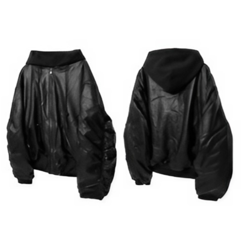 黒 レザー ジャケット ルーズフィット ルーズフィット フードレイヤードPUレザージャケット | ness.