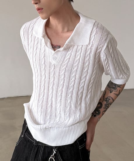 ケーブル編みサマーニット スキッパーポロシャツ / 2color