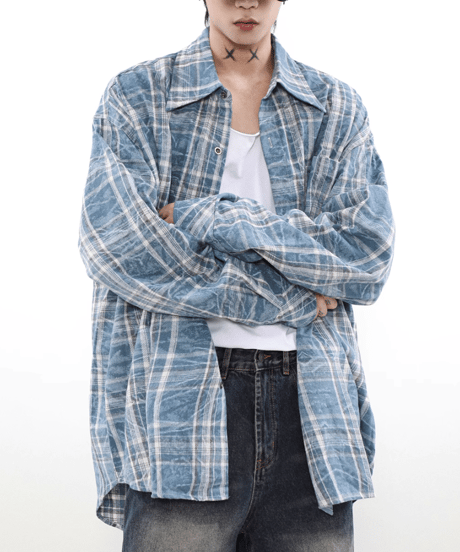 ウォッシュドブルー オーバーサイズチェックシャツ L/S S/S