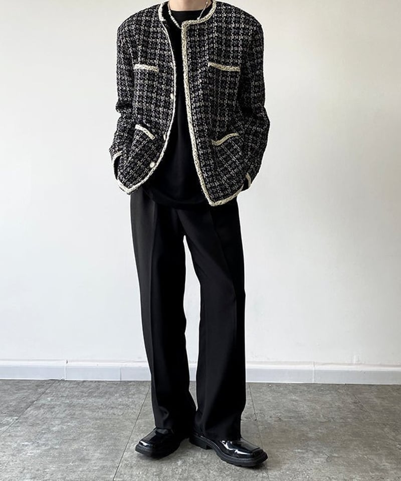 カネコイサオ　ノーカラー黒ツイードジャケット ノーカラー ツイードジャケット | ness.