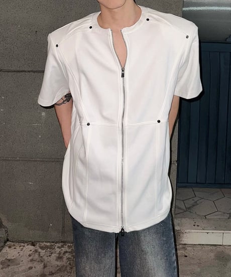 スタッズショルダー ジップアップカットソー / 3color