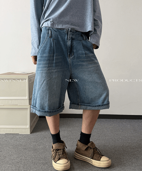 ルーズタック ワイドデニムハーフパンツ