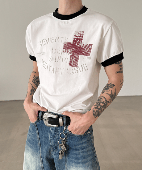 ミリタリークロスグラフィック リンガーTシャツ / 2color