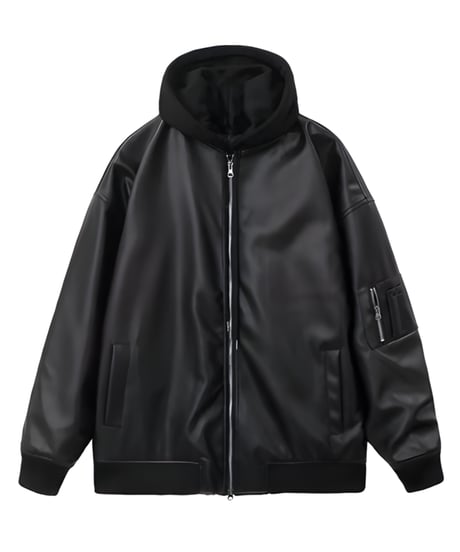 【在庫限り】フードレイヤード レザージップブルゾン