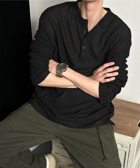 ワッフル編み ヘンリーネック ロングスリーブカットソー / 3color