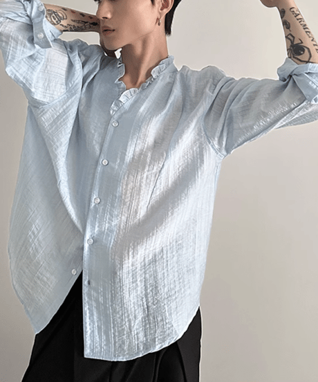 フリルネック シャーリングシャツ