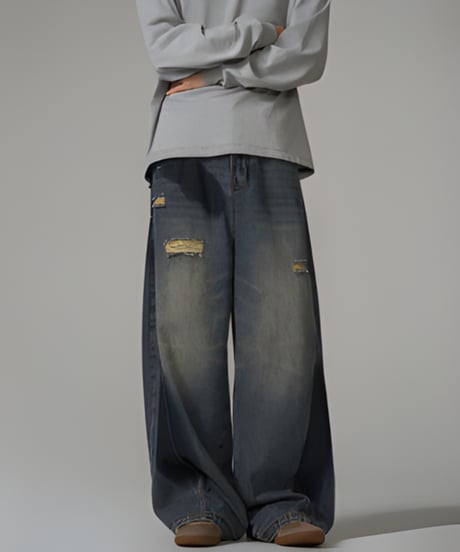 ダメージ加工 ワイドシルエット デニムパンツ
