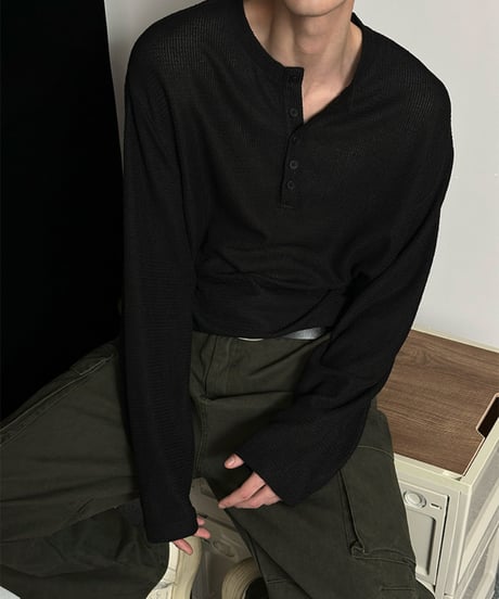 ワッフル編み ヘンリーネック ロングスリーブカットソー / 3color