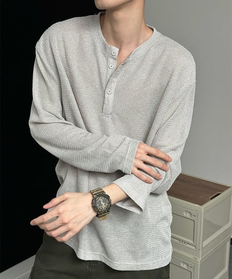 ワッフル編み ヘンリーネック ロングスリーブカットソー / 3color