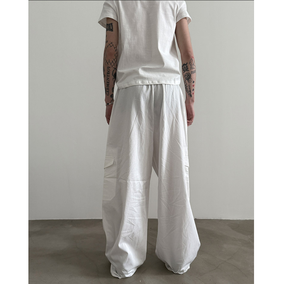 MSGM ワイトレックトロストリンクカコハンツ 3641MDP19247109 99 ドローストリング ホワイトワイドカーゴパンツ | ness.
