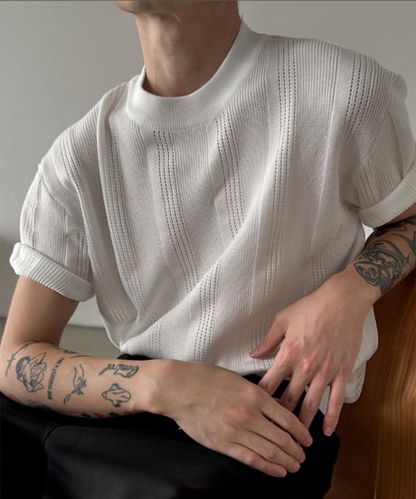 ストライプ編み クルーネック ニットTシャツ / 2color
