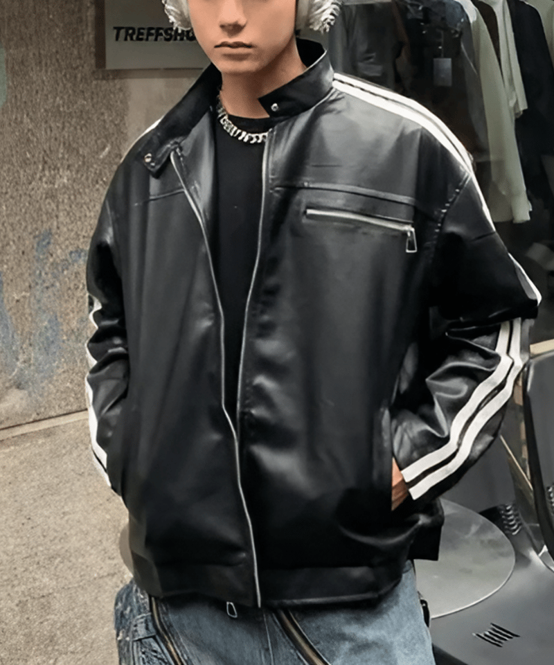 ブラックレザージャケット 反射ストライプ付き adidas（アディダス） ブルゾン アウター PLEATHER 3S TT トレフォイル