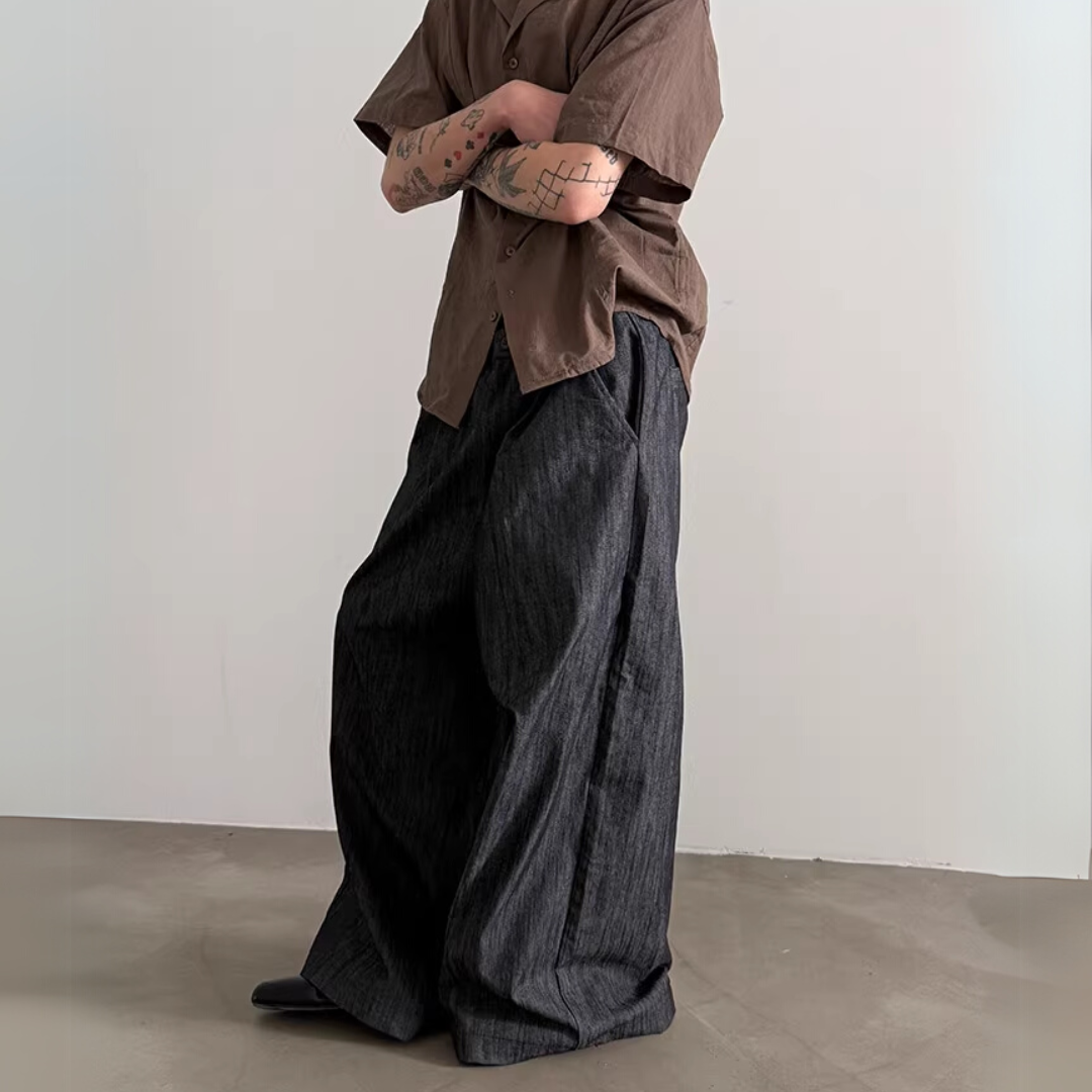 【美品】mon Sakata リネン フカタックパンツ グレー×ブラック リネンミックス ワイドタックパンツ / 2color | ness.