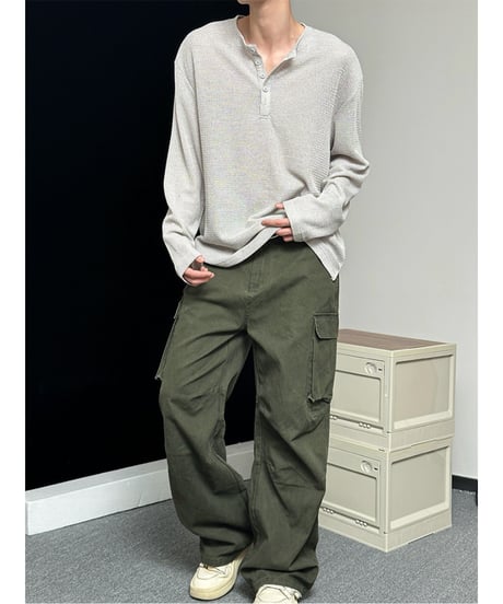 ワッフル編み ヘンリーネック ロングスリーブカットソー / 3color