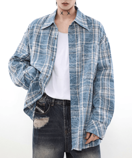 ウォッシュドブルー オーバーサイズチェックシャツ L/S S/S