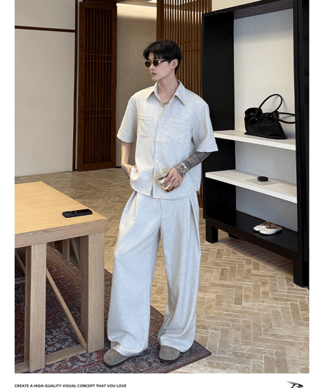 リネンライク オーバーサイズ 半袖シャツ＆ワイドパンツ セットアップ