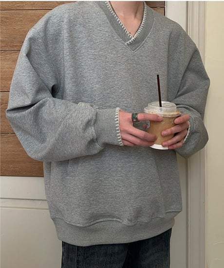 コントラストステッチ Vネック スウェットプルオーバー / 2colors