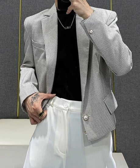 パールボタン チェック柄ショートブレザー