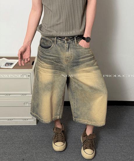 ヴィンテージ加工バギーデニムクロップドパンツ