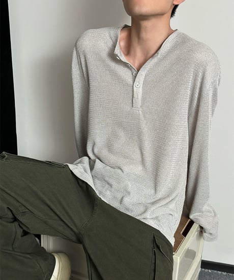 ワッフル編み ヘンリーネック ロングスリーブカットソー / 3color