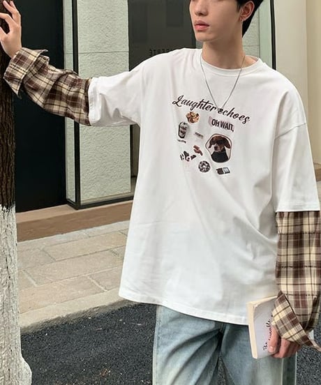 レイヤード チェックスリーブTシャツ / 2color