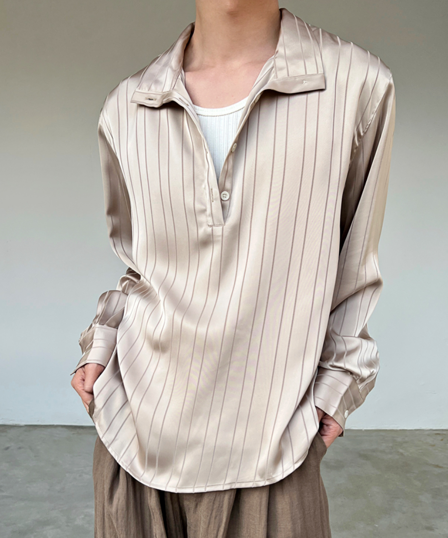 サテンストライプ バンドカラープルオーバーシャツ / 2colors | ness.