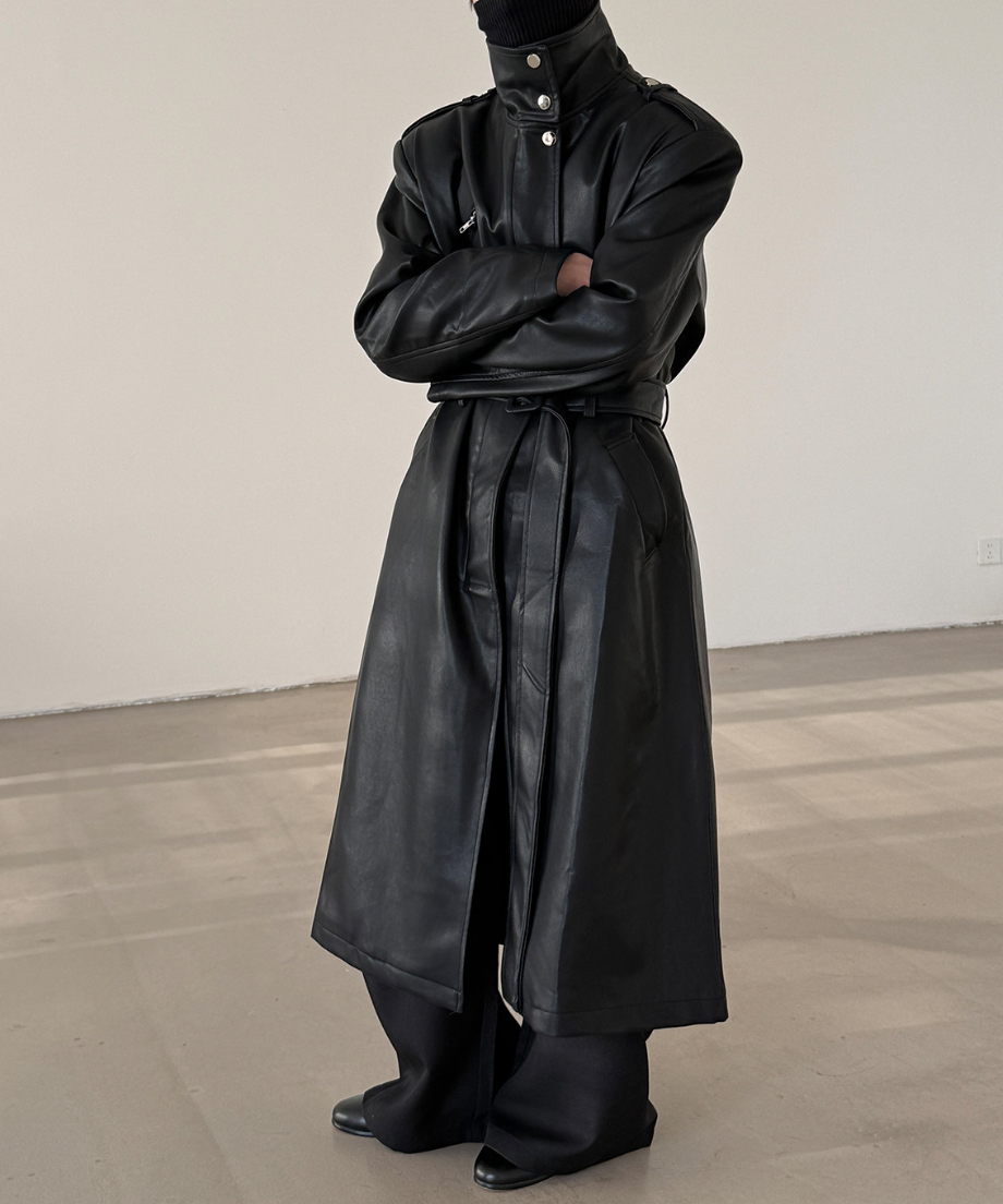 スタンドカラー ロングレザーコート | ness.