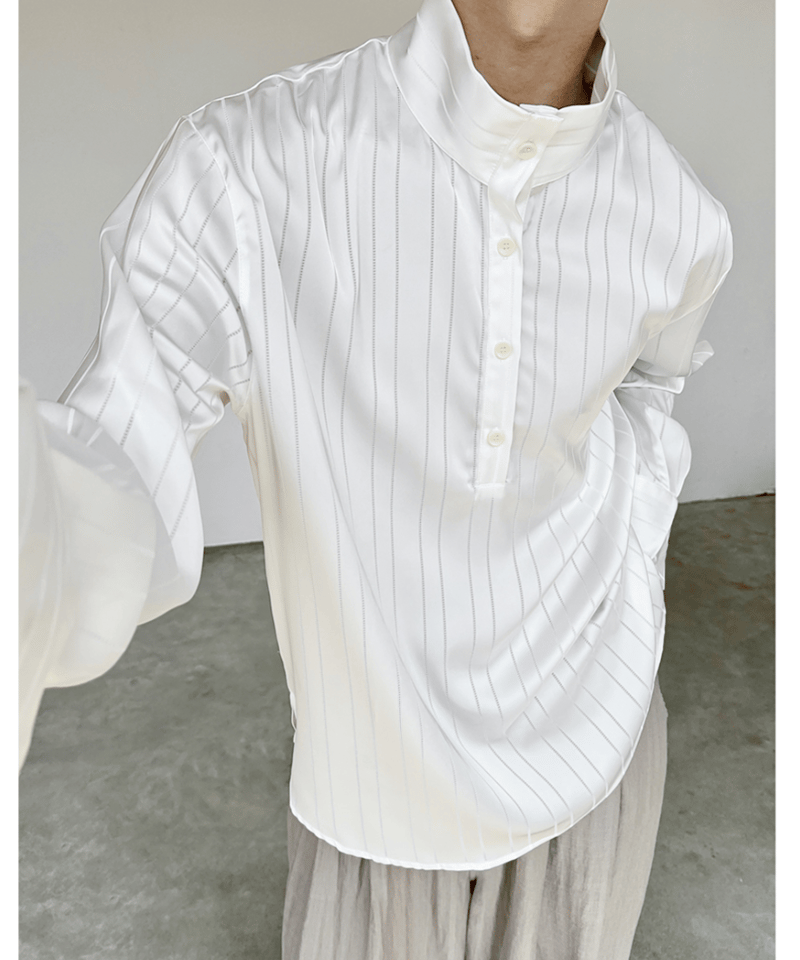 サテンストライプ バンドカラープルオーバーシャツ / 2colors | ness.