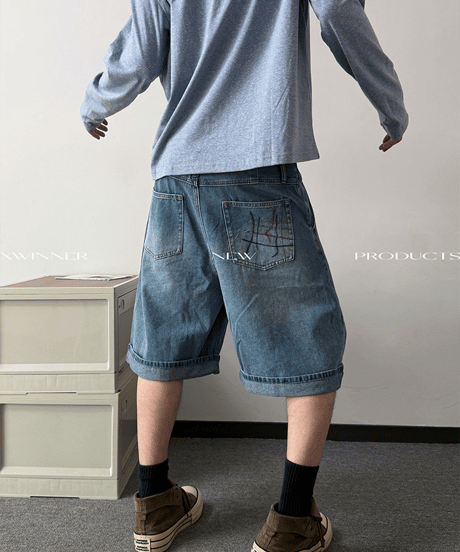 ルーズタック ワイドデニムハーフパンツ