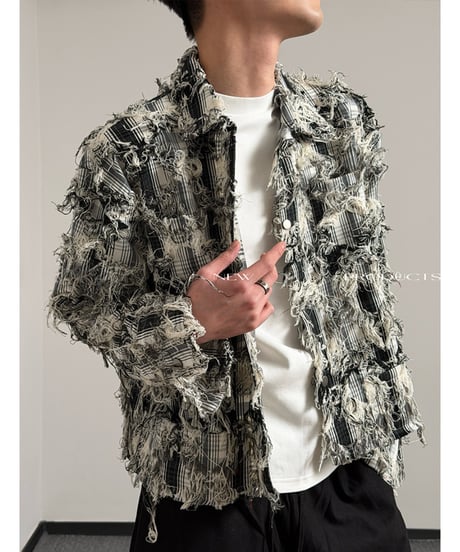 フリンジデザイン チェックシャツジャケット