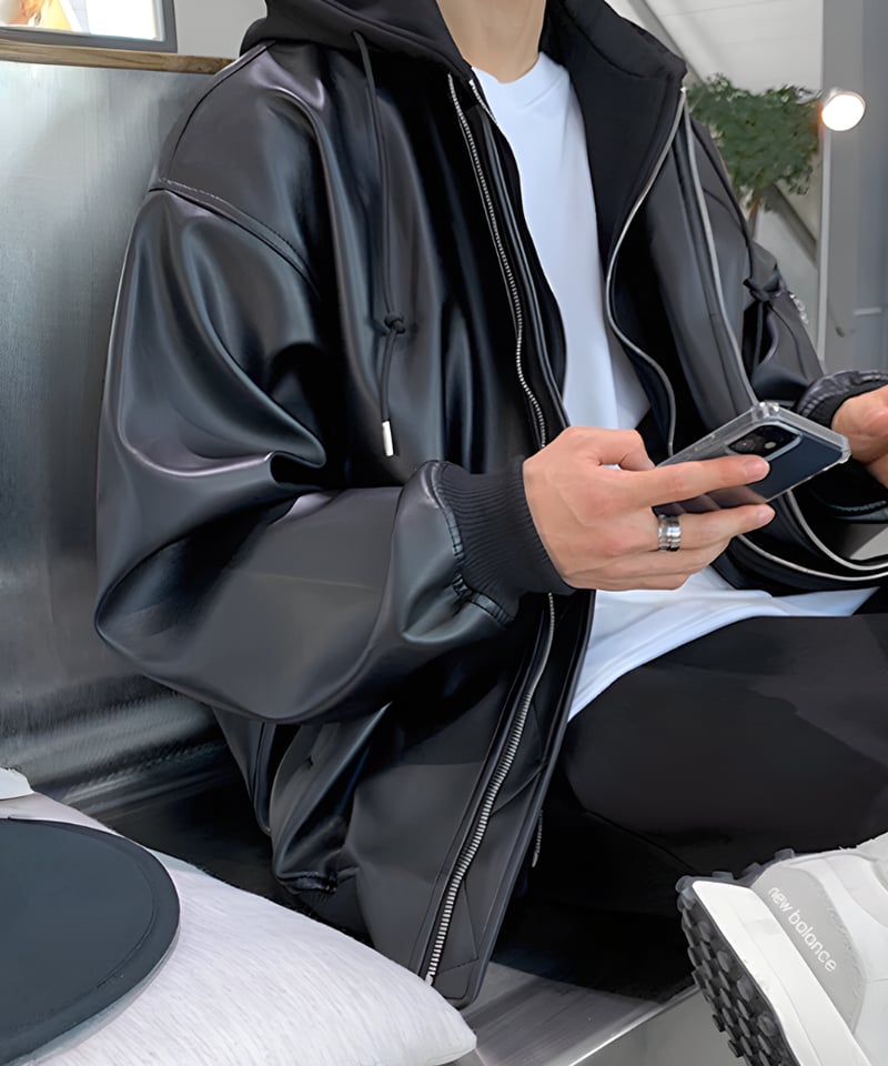 在庫限り】フードレイヤード レザージップブルゾン | ness.