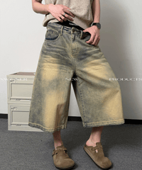 ヴィンテージ加工バギーデニムクロップドパンツ