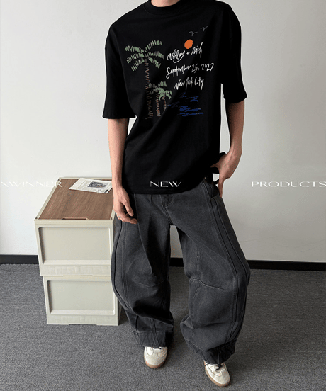 パームツリーグラフィック ルーズ半袖Tシャツ / 2color