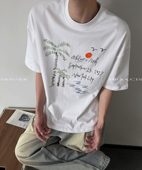 パームツリーグラフィック ルーズ半袖Tシャツ / 2color