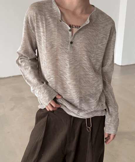 ヘンリーネック ルーズ メッシュ ニット セーター / 2color