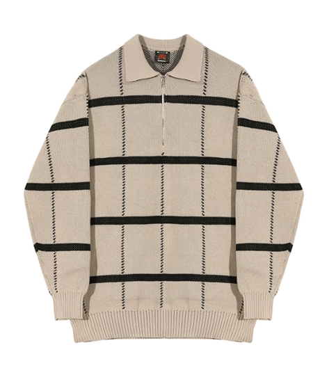 チェックパターン ハーフジップ ニットトップス / 2color