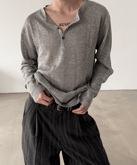 ヘンリーネック ルーズ メッシュ ニット セーター / 2color