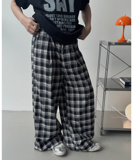 ルーズシルエット チェックワイドパンツ