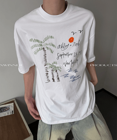 パームツリーグラフィック ルーズ半袖Tシャツ / 2color
