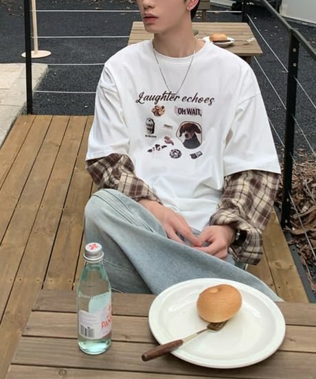 レイヤード チェックスリーブTシャツ / 2color
