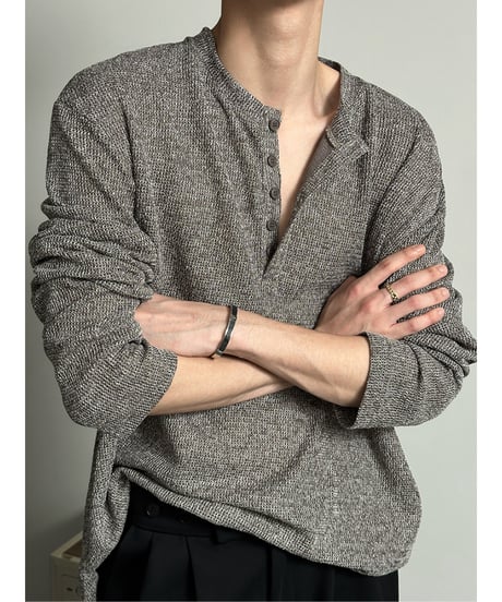 ワッフル編み ヘンリーネック ロングスリーブカットソー / 3color