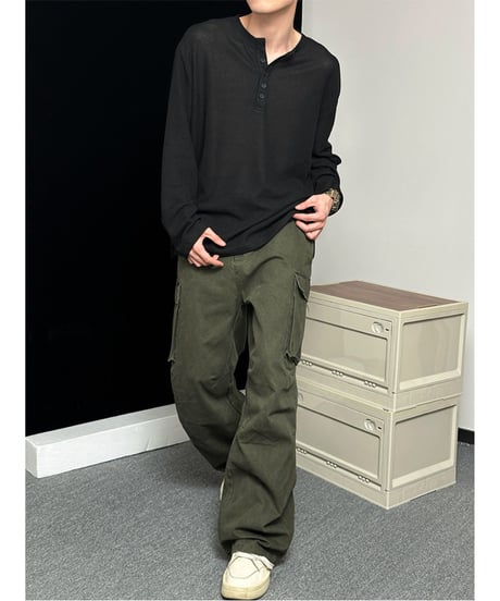 ワッフル編み ヘンリーネック ロングスリーブカットソー / 3color