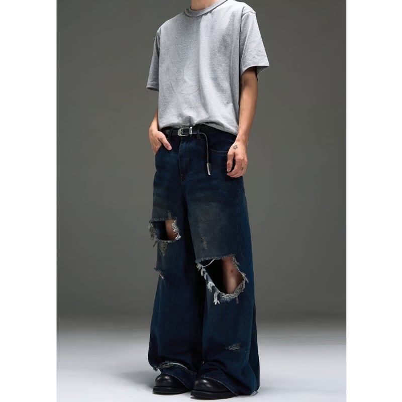 ストリートダメージ加工クラッシュワイドパンツGパンデニム クラッシュ ワイドデニムパンツ | ness.
