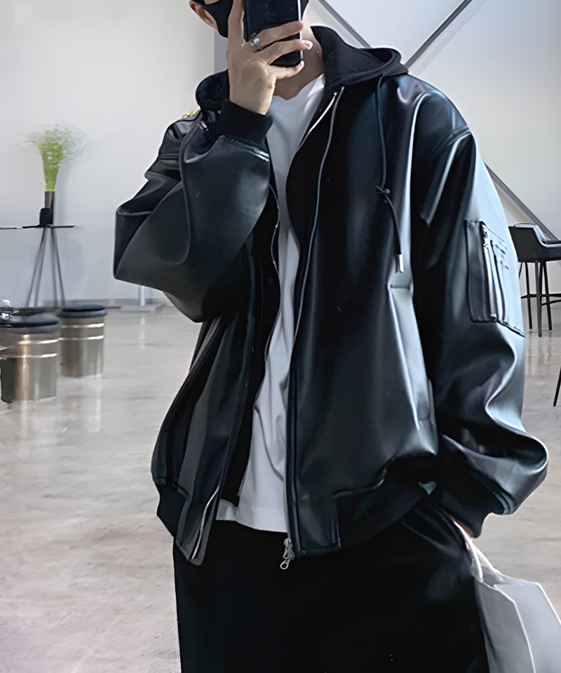 在庫限り】フードレイヤード レザージップブルゾン | ness.